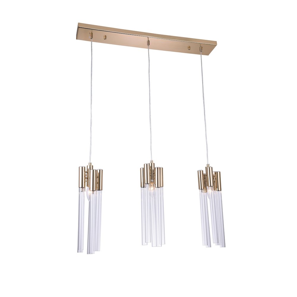3-Light Gold Chandelier With Clear Glass Tubes