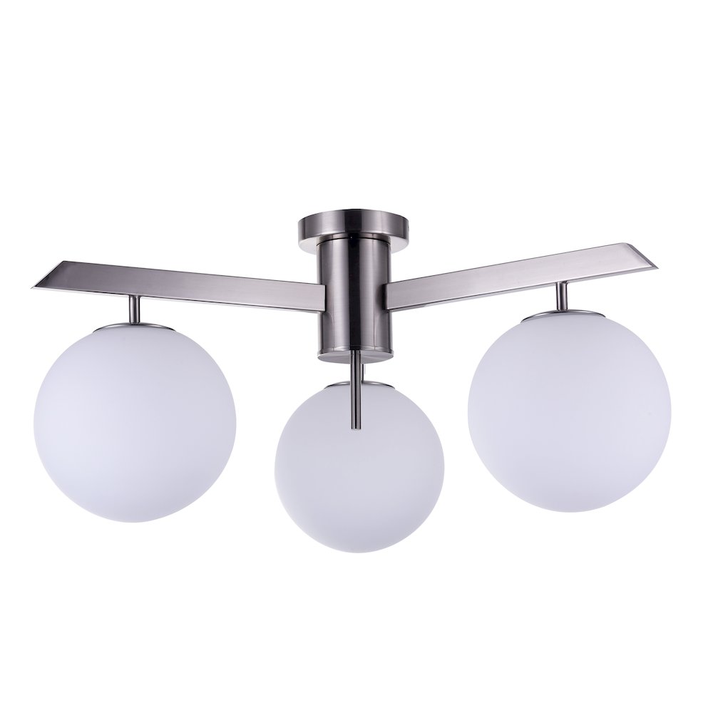 3-Light Shiny Nickel Flush Mount With Milk White Glass Shades