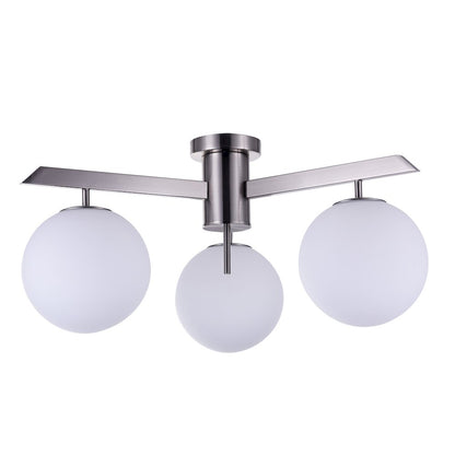 3-Light Shiny Nickel Flush Mount With Milk White Glass Shades
