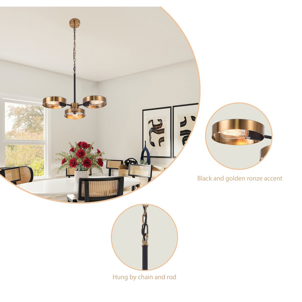 3-Light Black And Golden Bronze Accents Chandelier