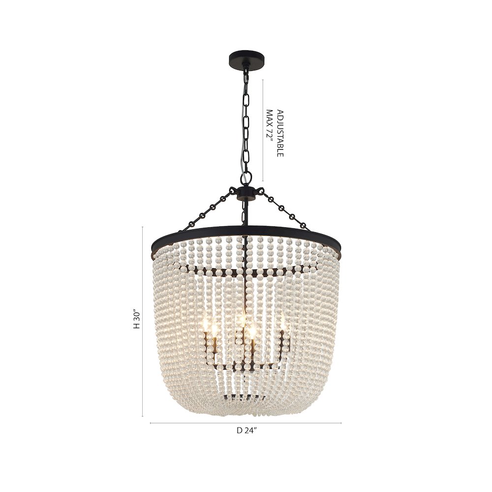 6-Light Satin Black Chandelier With Clear Beaded hanging Glass