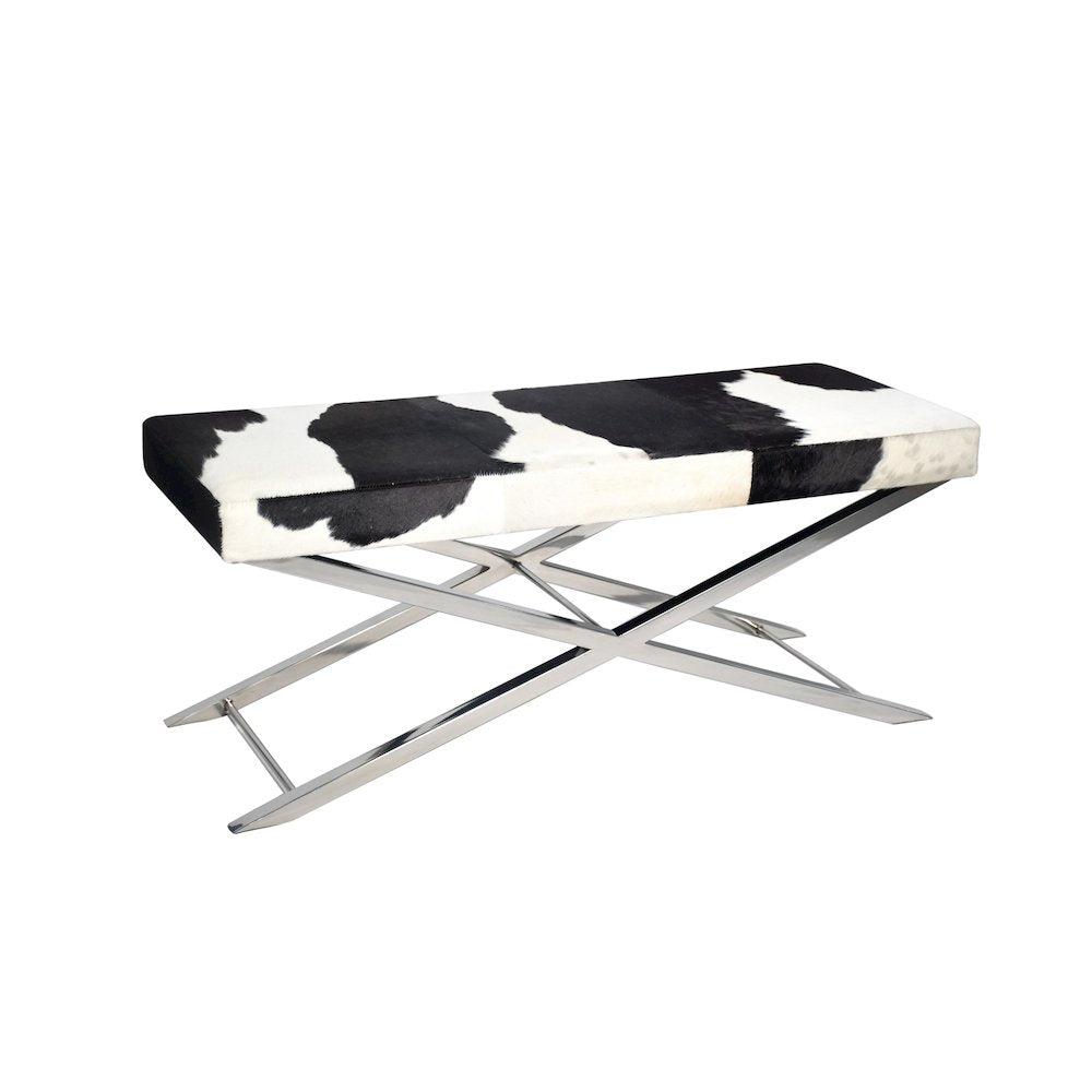 Chrome Stainless Steel Bench With Black And White Hairline Leather