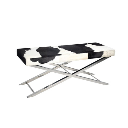 Chrome Stainless Steel Bench With Black And White Hairline Leather