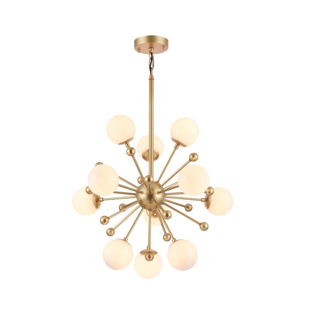 11-Light Gold Spike Chandelier With White Glass Globe Shades