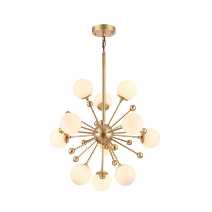 11-Light Gold Spike Chandelier With White Glass Globe Shades