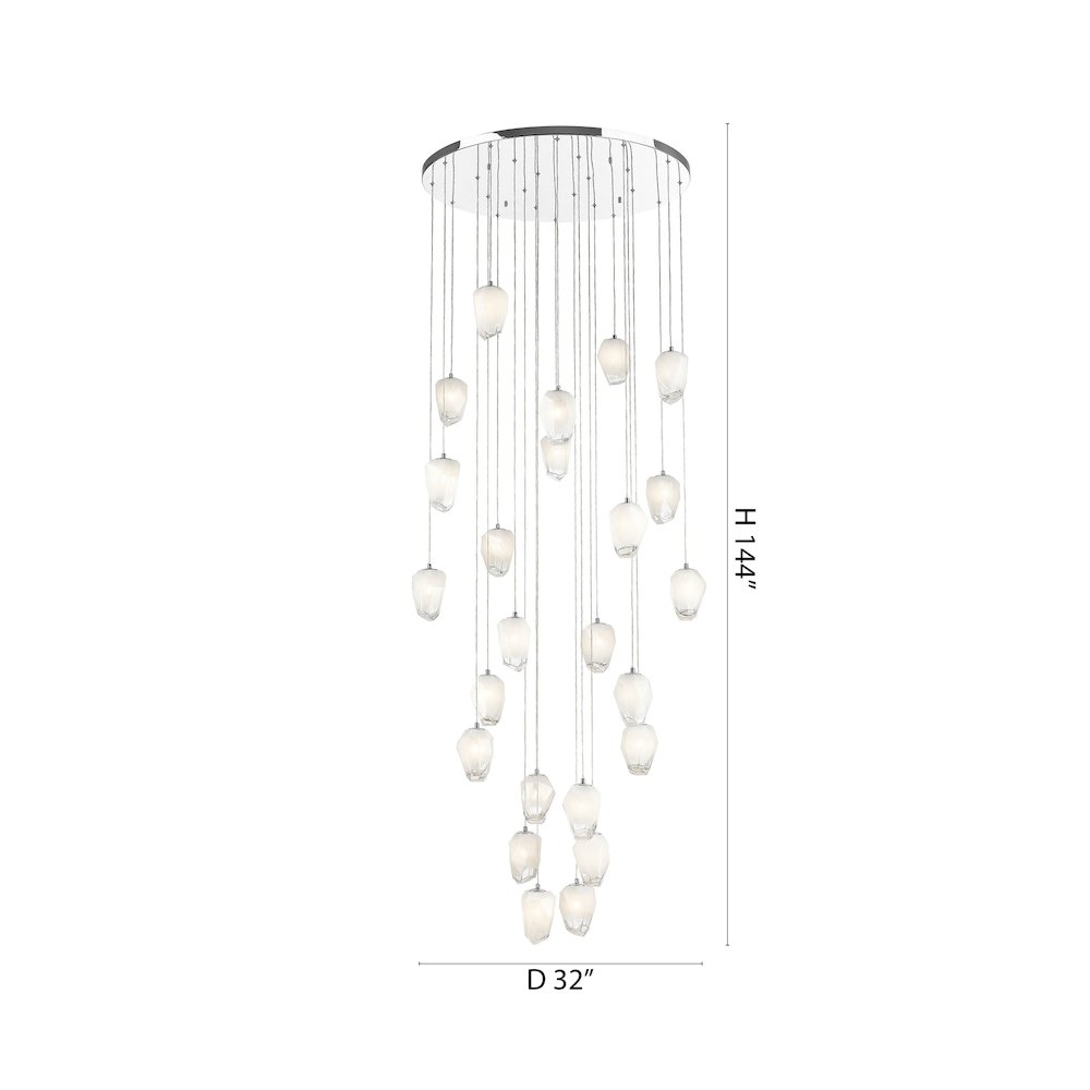 24-Light Chrome Chandelier With White Glass Pendants