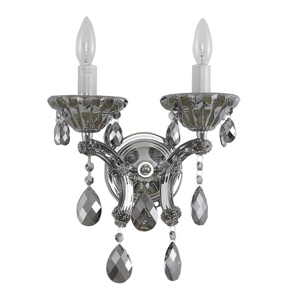 2-Light Chrome Metal Wall Sconce With Smoke Crystal Accents