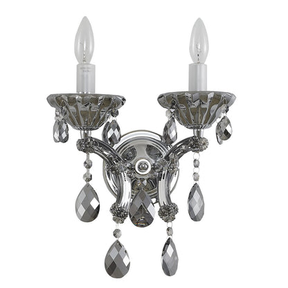 2-Light Chrome Metal Wall Sconce With Smoke Crystal Accents