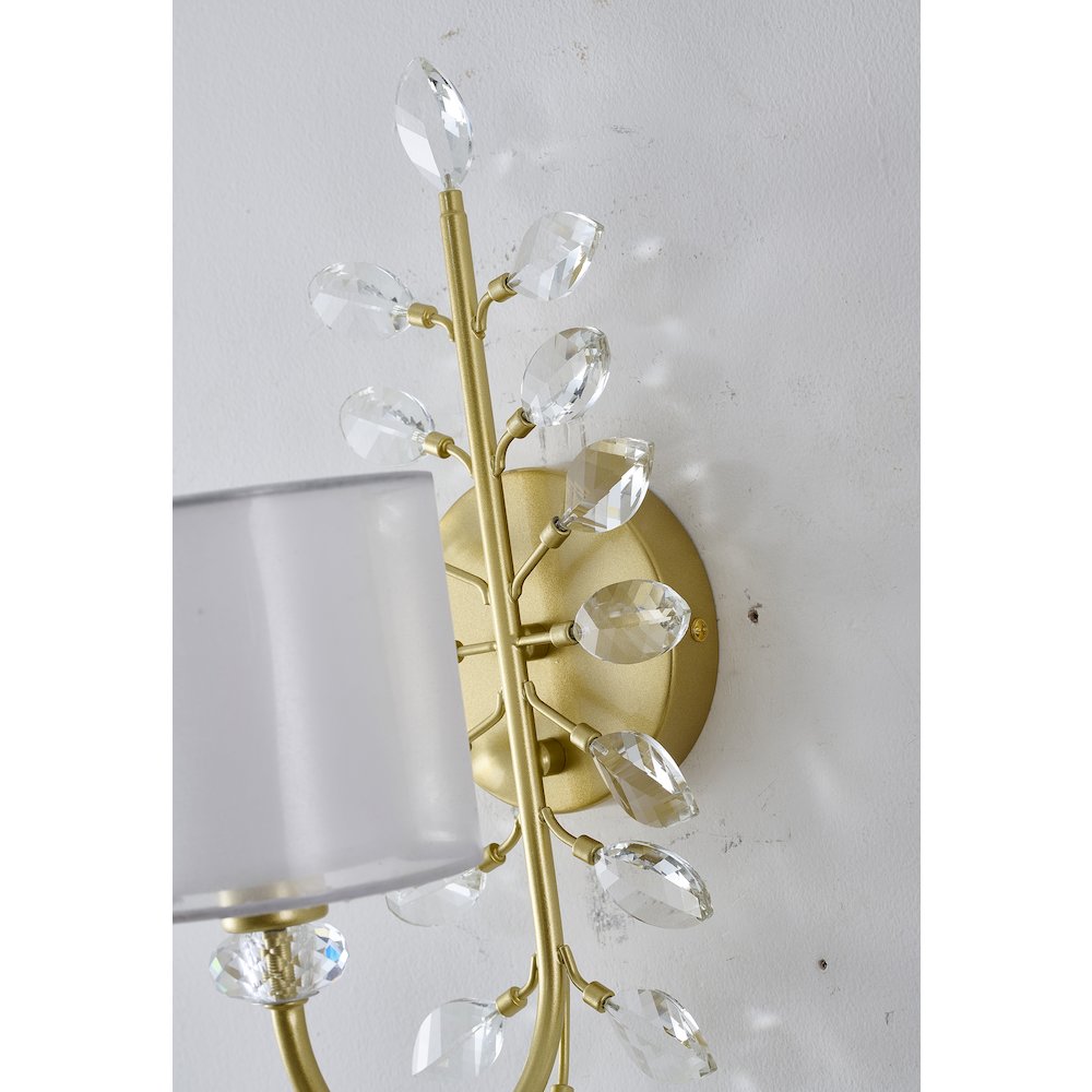 1-Light Aged Silver Branch Wall Sconce With A Fabric Shade And Crystals