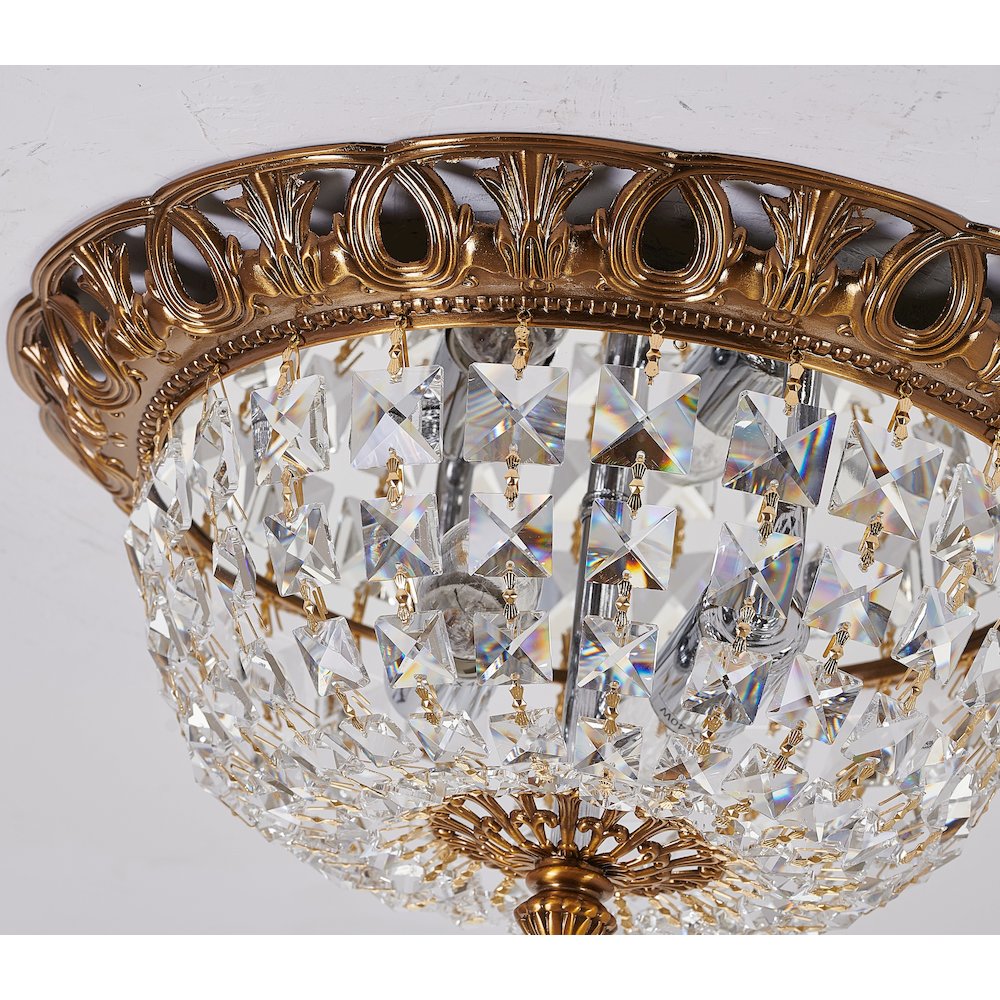 2-Light Antique Gold Flush Mount With Clear Hanging Crystals