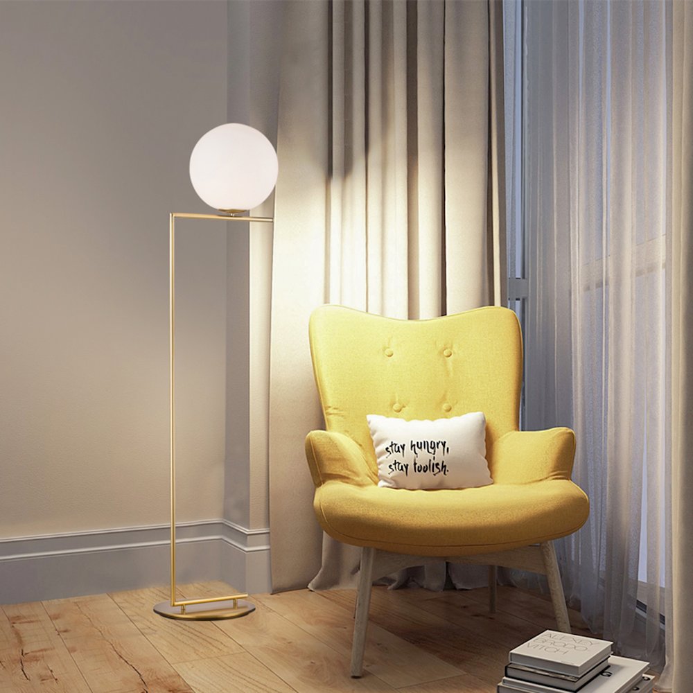 1-Light Brass Metal Floor Lamp With A Milk White Glass Shade