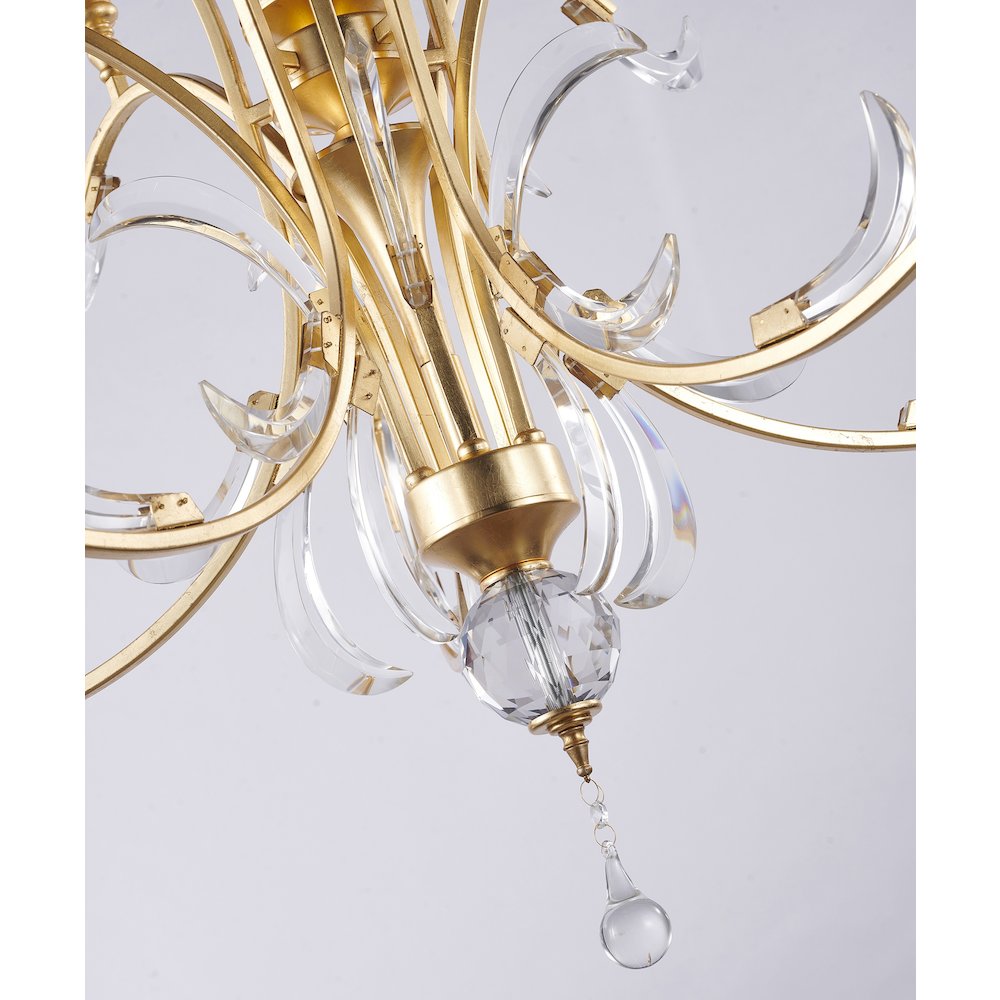 10-Light Gold Metal Leaf Chandelier With Clear Crystals