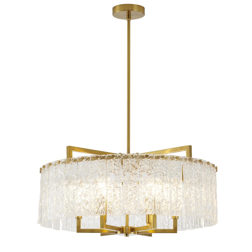 6-Light Brass Chandelier With Hanging Clear Rippled Glass