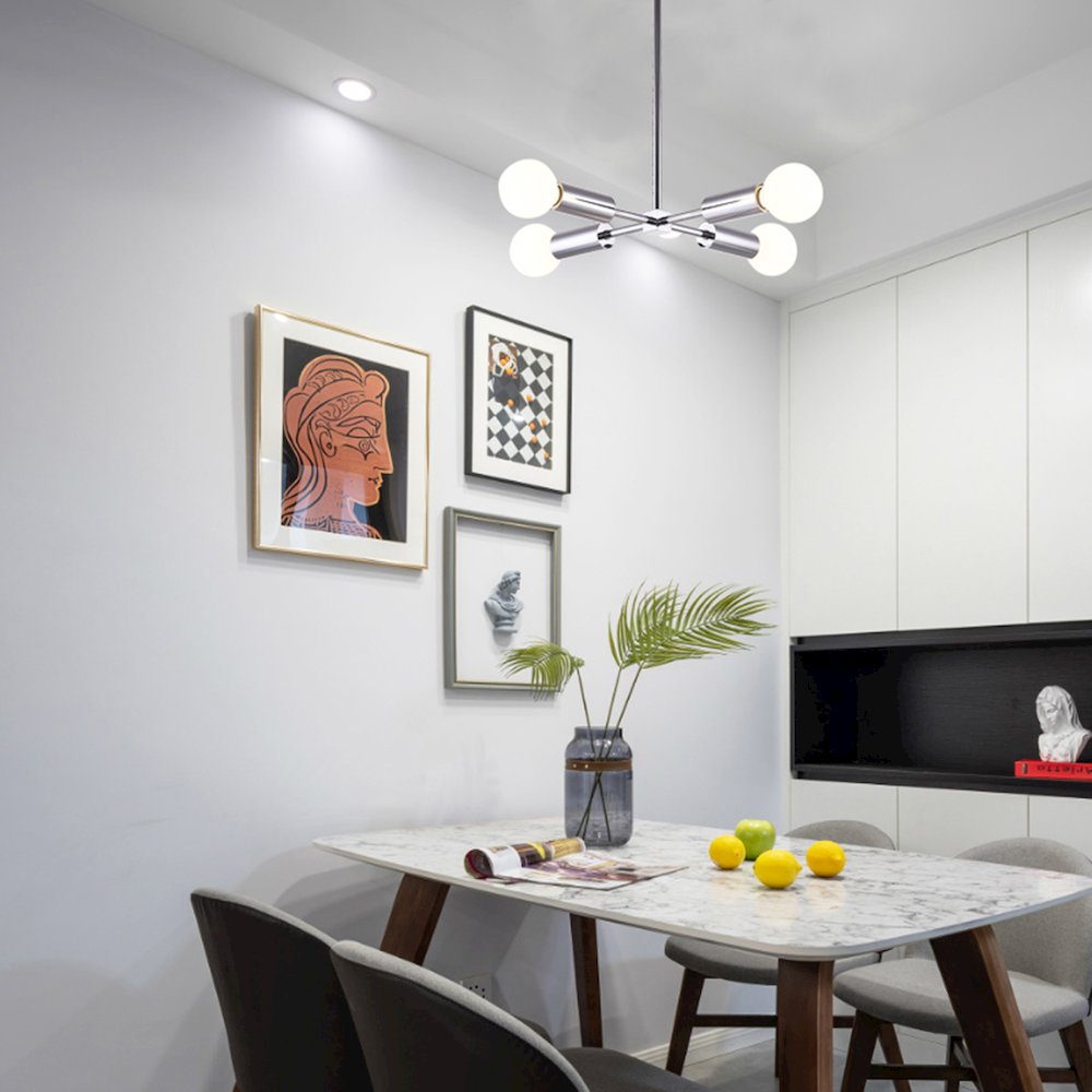4-Light Chrome Chandelier With Four Arms And Visible Bulbs