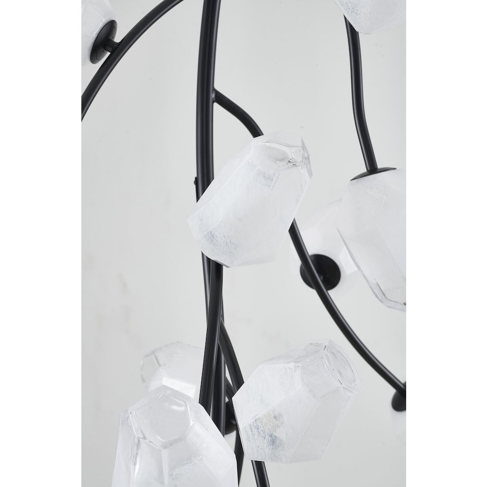 22-Light black iron frame chandelier with white glass shades