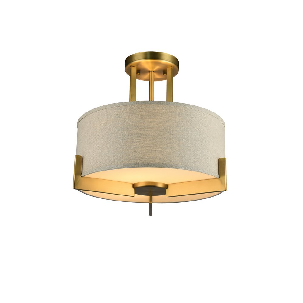 3-Light Antique Brass Semi Flush Mount With A linen Drum Shade