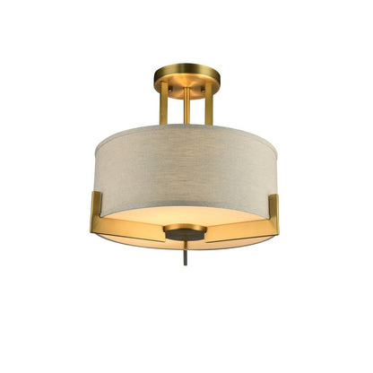3-Light Antique Brass Semi Flush Mount With A linen Drum Shade