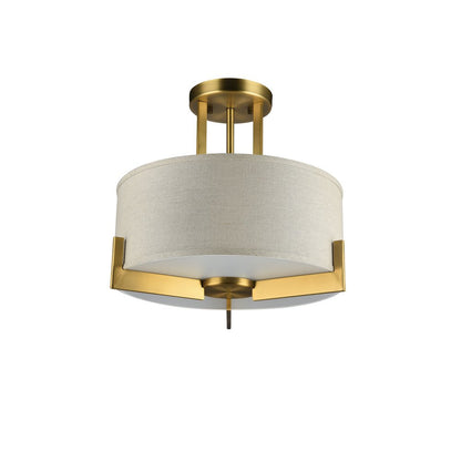 3-Light Antique Brass Semi Flush Mount With A linen Drum Shade