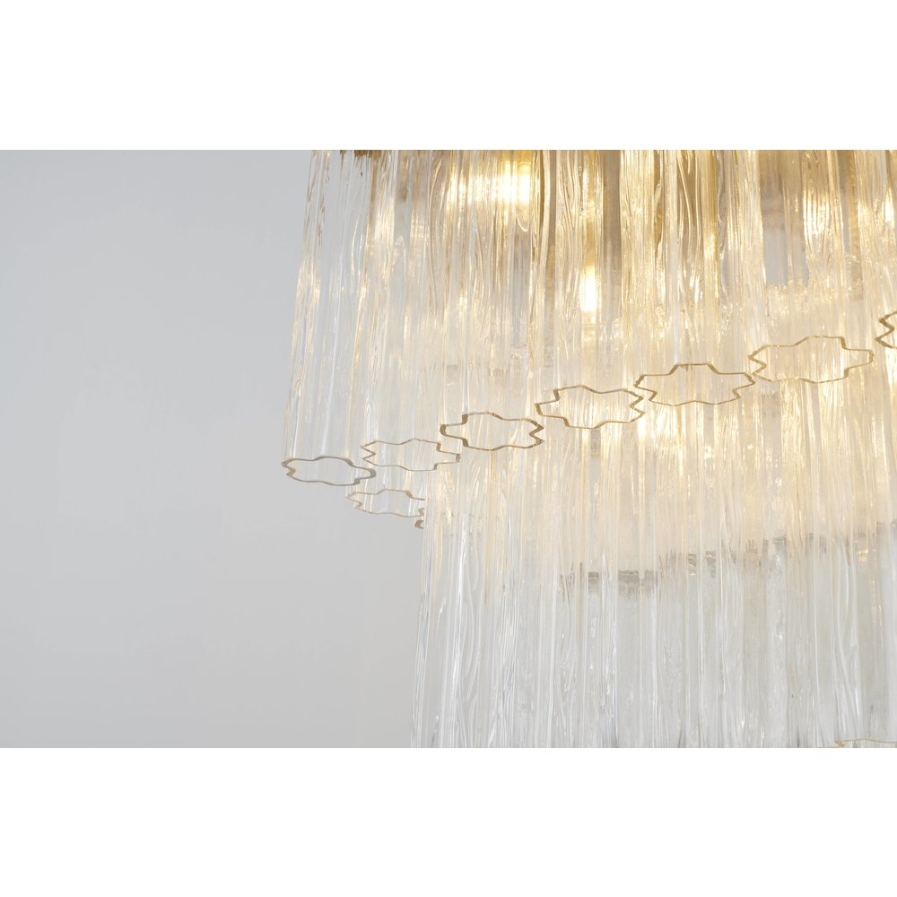 14-Light Satin Brass Metal Chandelier With Clear Ribbed Glass