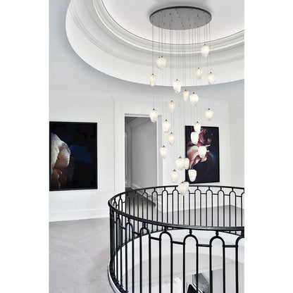 24-Light Black Chandelier With White Glass Pendants