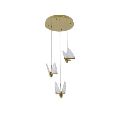 3-Light Stain Brass LED Chandelier With Butterfly Pendants