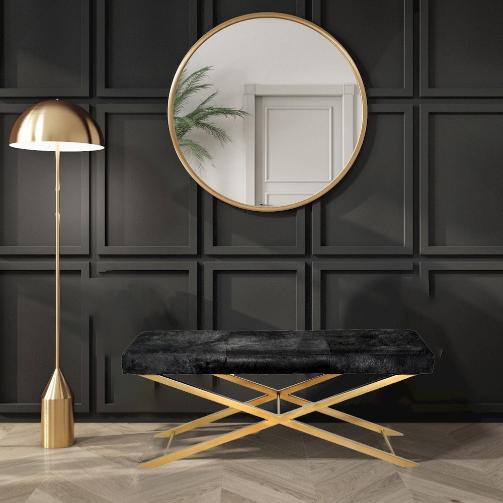Gold Stainless Steel Bench With Black Hairline Leather