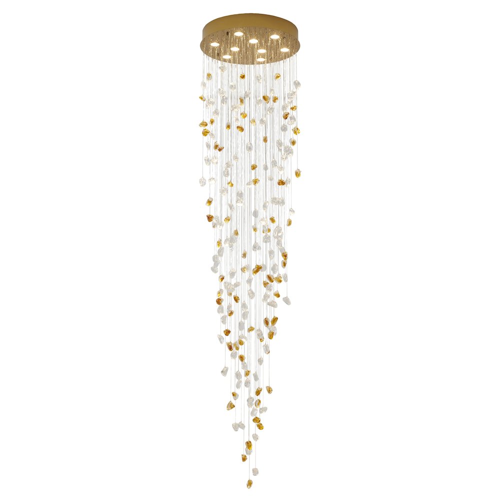 9-Light Brass Chandelier With Clear And Amber Glass Stones
