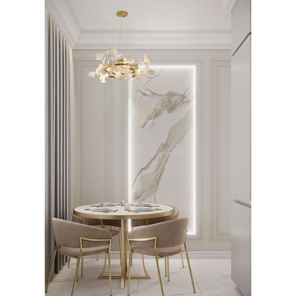 8-Light Brass Iron Chandelier With Whtie Acrylic Leaf Accents