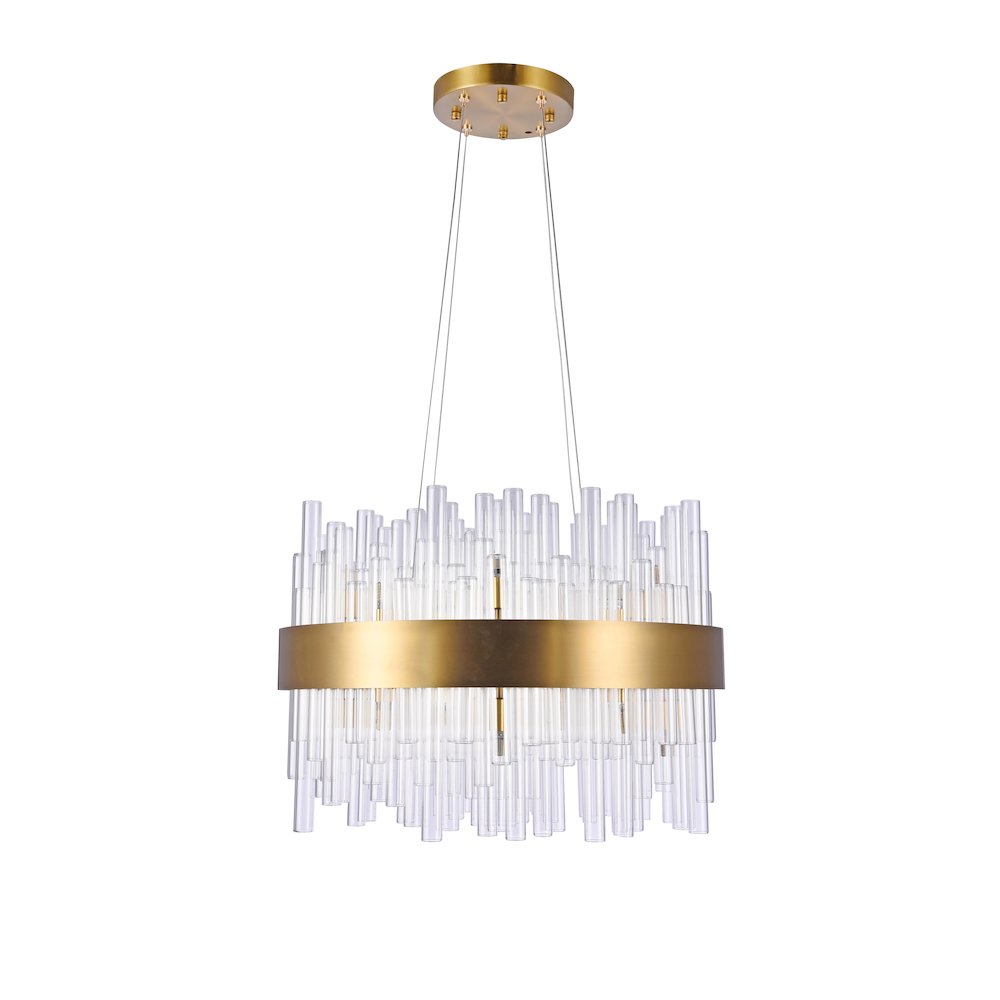 24-Light Matte Brass Chandelier With Clear Glass Rods