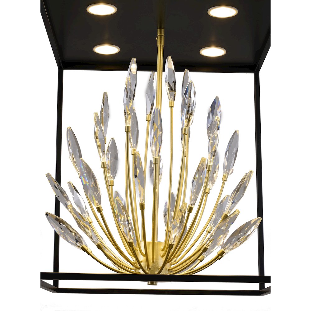 4-Light Matte Black Pendant With Gold Branches And Clear Crystals