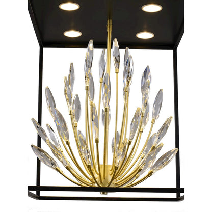 4-Light Matte Black Pendant With Gold Branches And Clear Crystals
