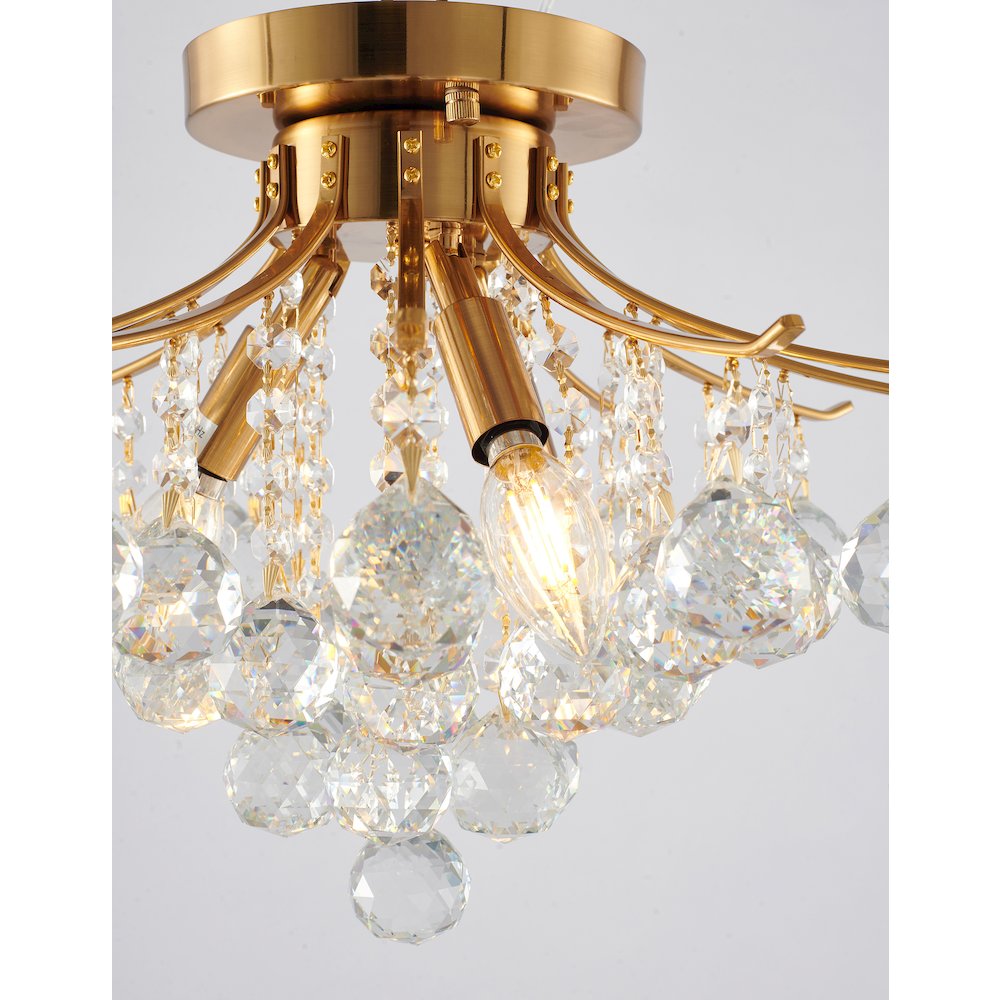 3-Light Satin Brass Metal Flush Mount With Clear Crystals