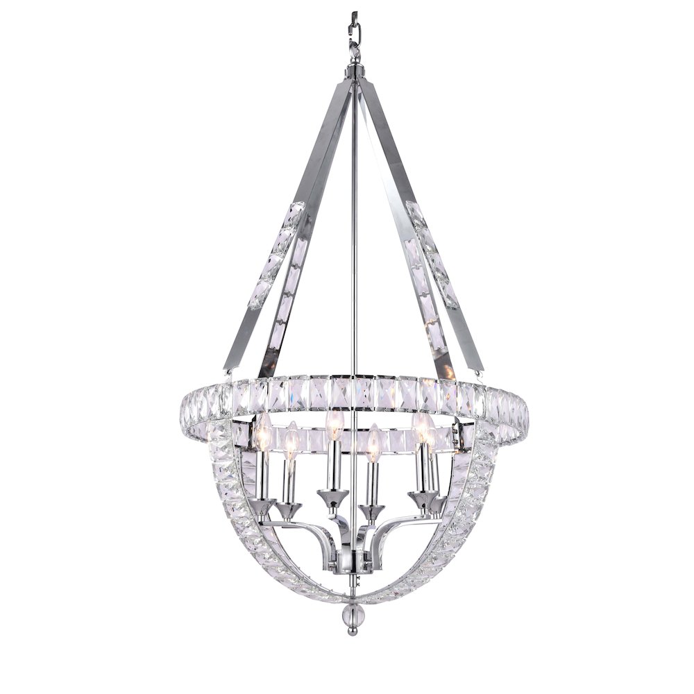 6-Light Chrome Metal Chandelier With Clear Crystals