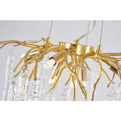 10-Light Gold Aluminum Chandelier With Clear Glass Drops