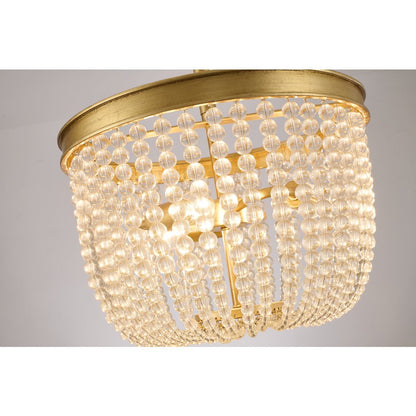 3-Light Gold Semi Flush Mount With Clear Glass Beads
