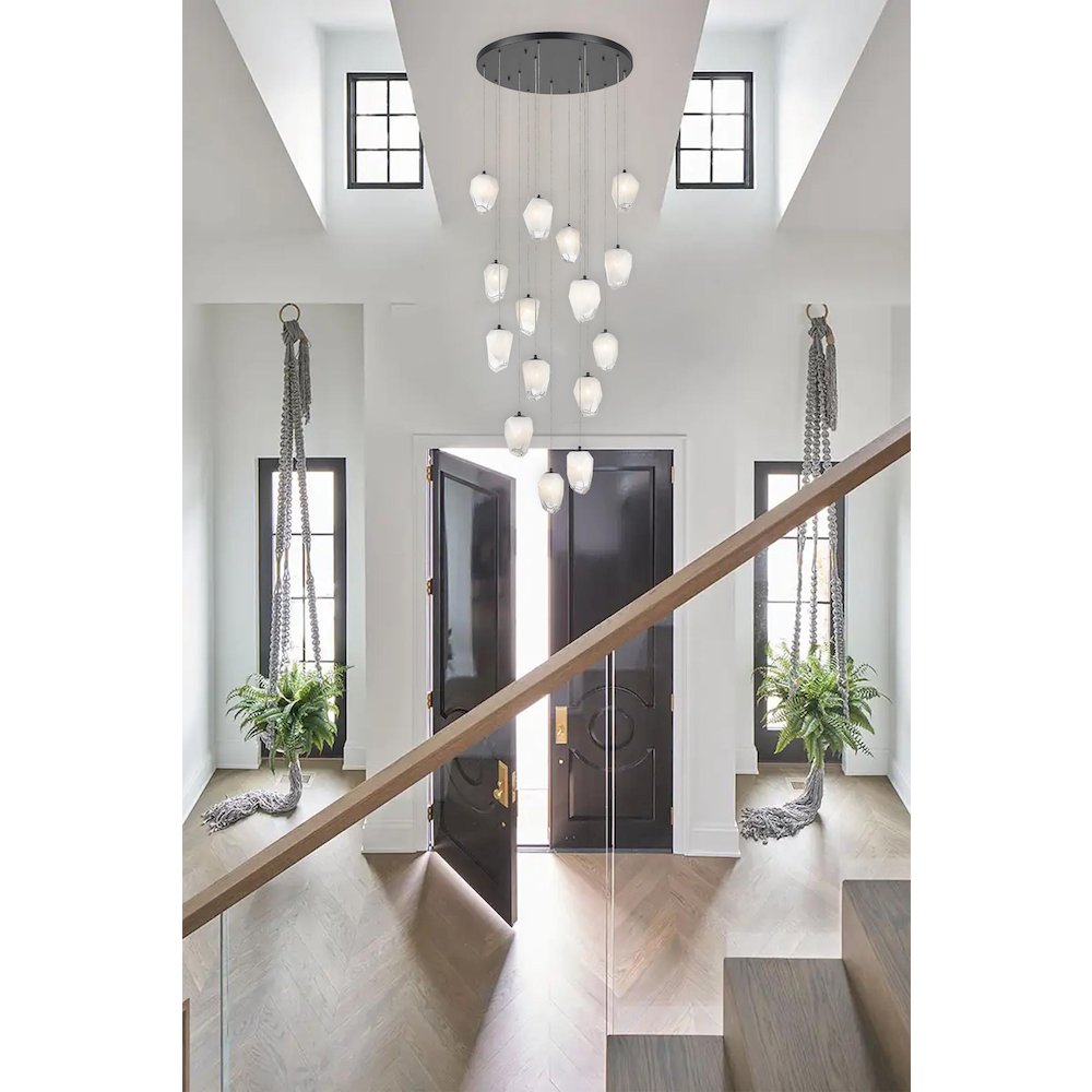 15-Light Black Chandelier With White Glass Pendants