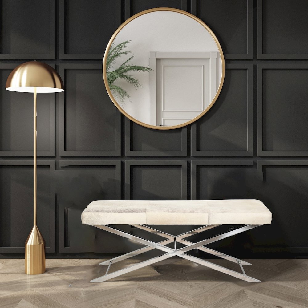 Chrome Stainless Steel Bench With Grey Hairline Leather