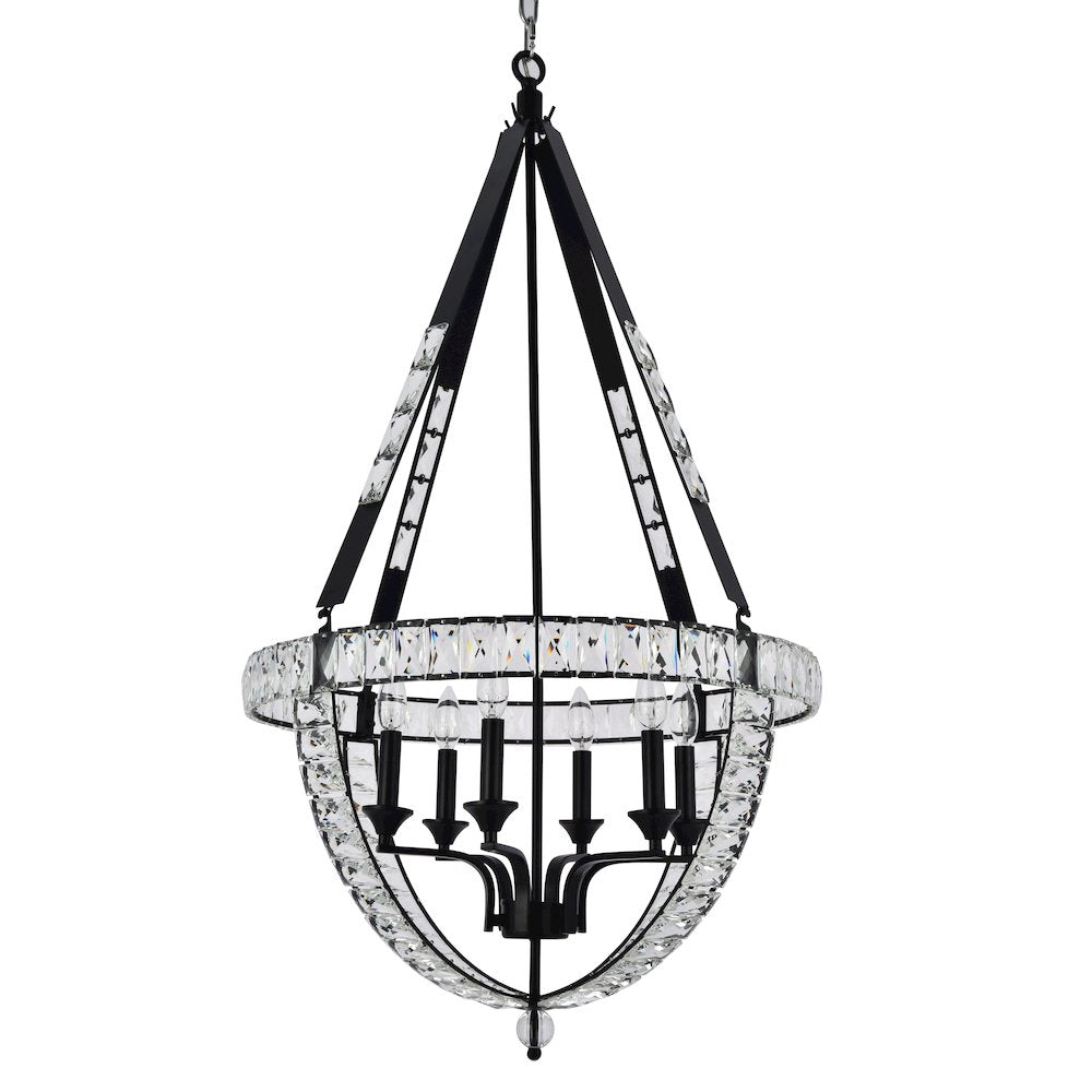 6-Light Matte Black Metal Chandelier With Clear Crystals
