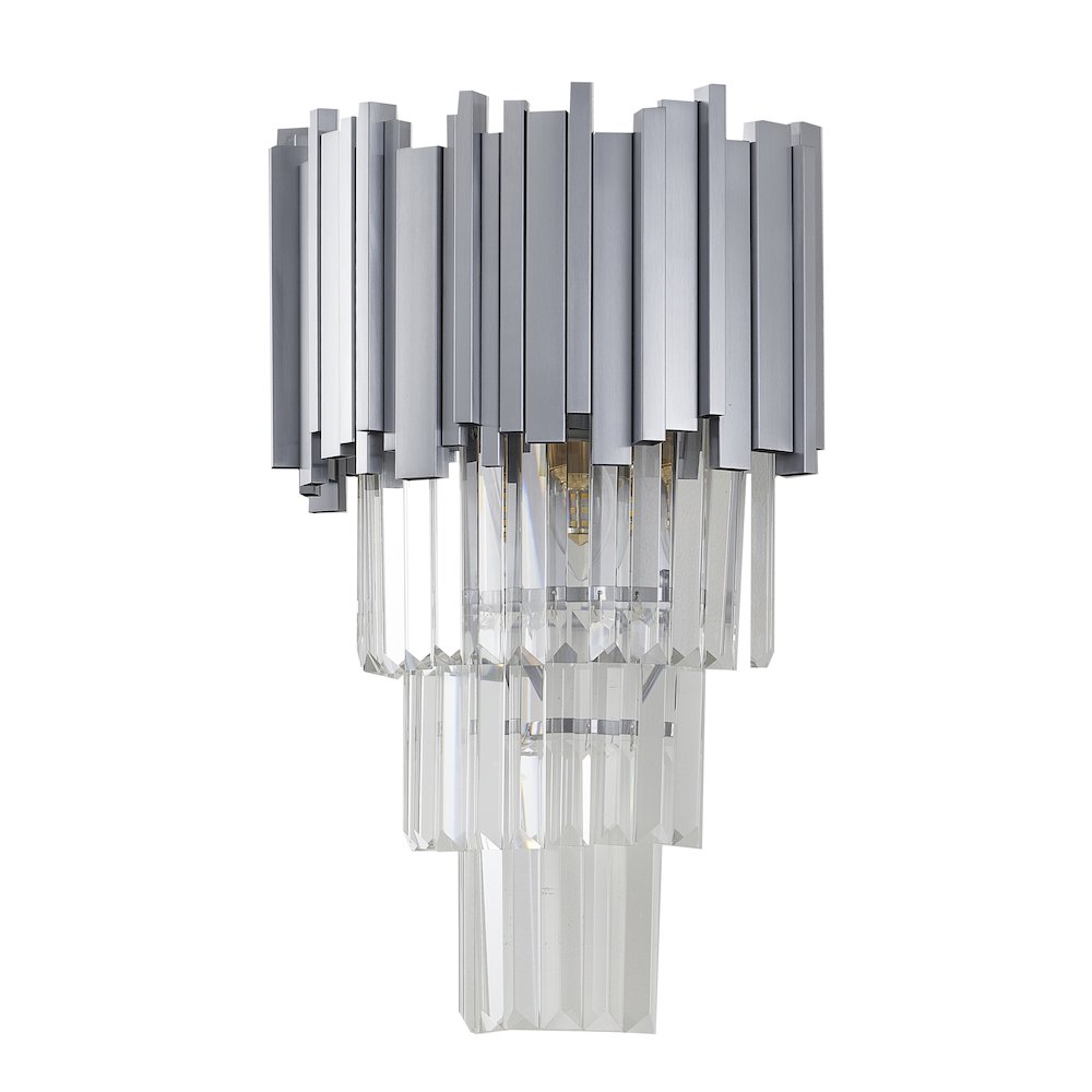 3-Light Shiny Nickel Wall Sconce With Clear Hanging Crystals