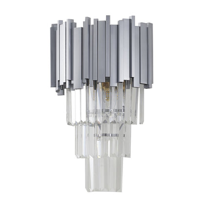 3-Light Shiny Nickel Wall Sconce With Clear Hanging Crystals