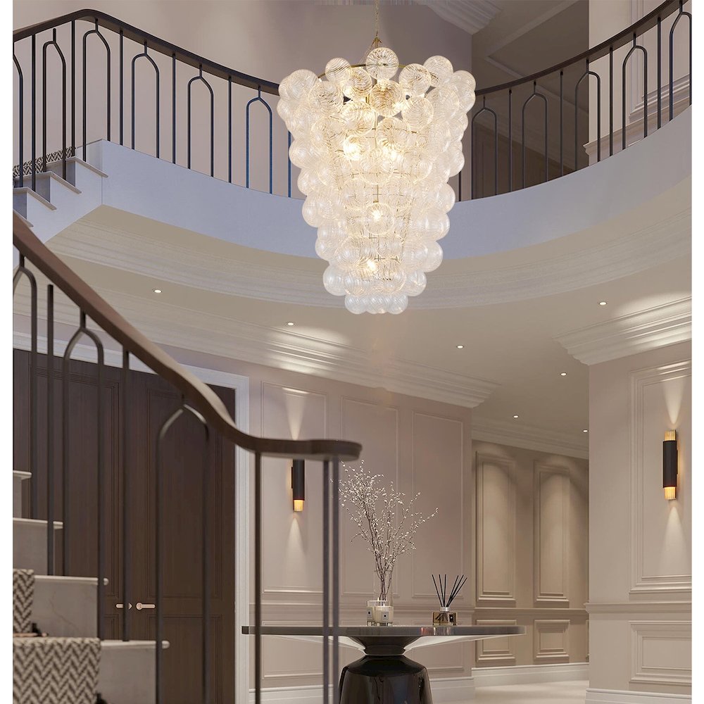 12-Light Brass Chandelier With Clear Swirl Glass Shades