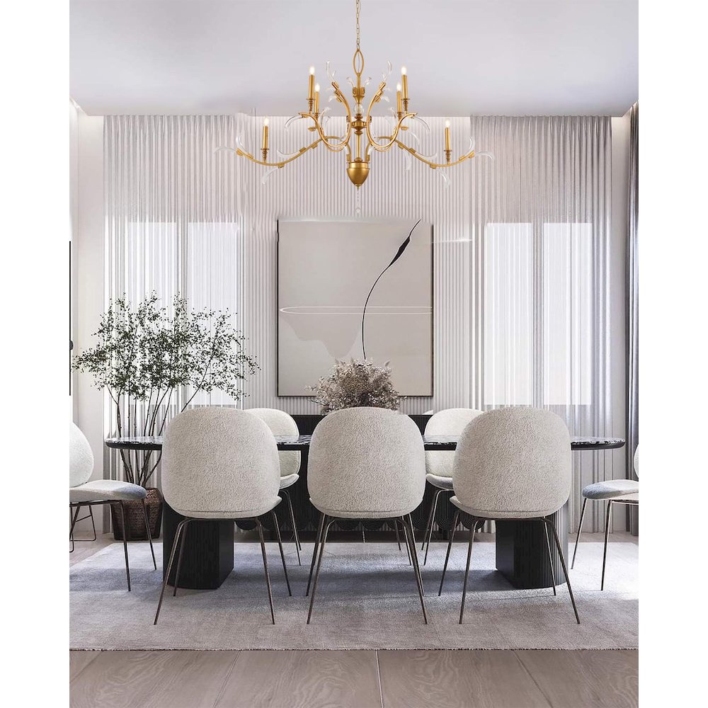 6-Light Gold Metal Leaf Chandelier With Clear Crystals