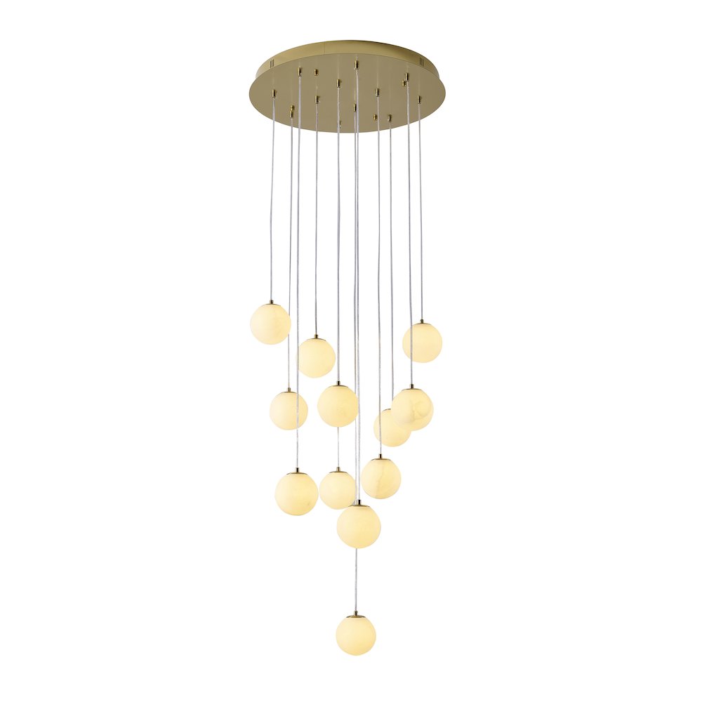 12-Light Brass Stainless Steel Chandelier With Alabaster Pendants