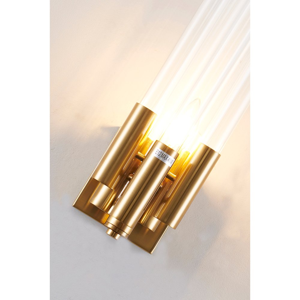 1-Light Gold Metal Wall Sconce With Clear Glass Rods