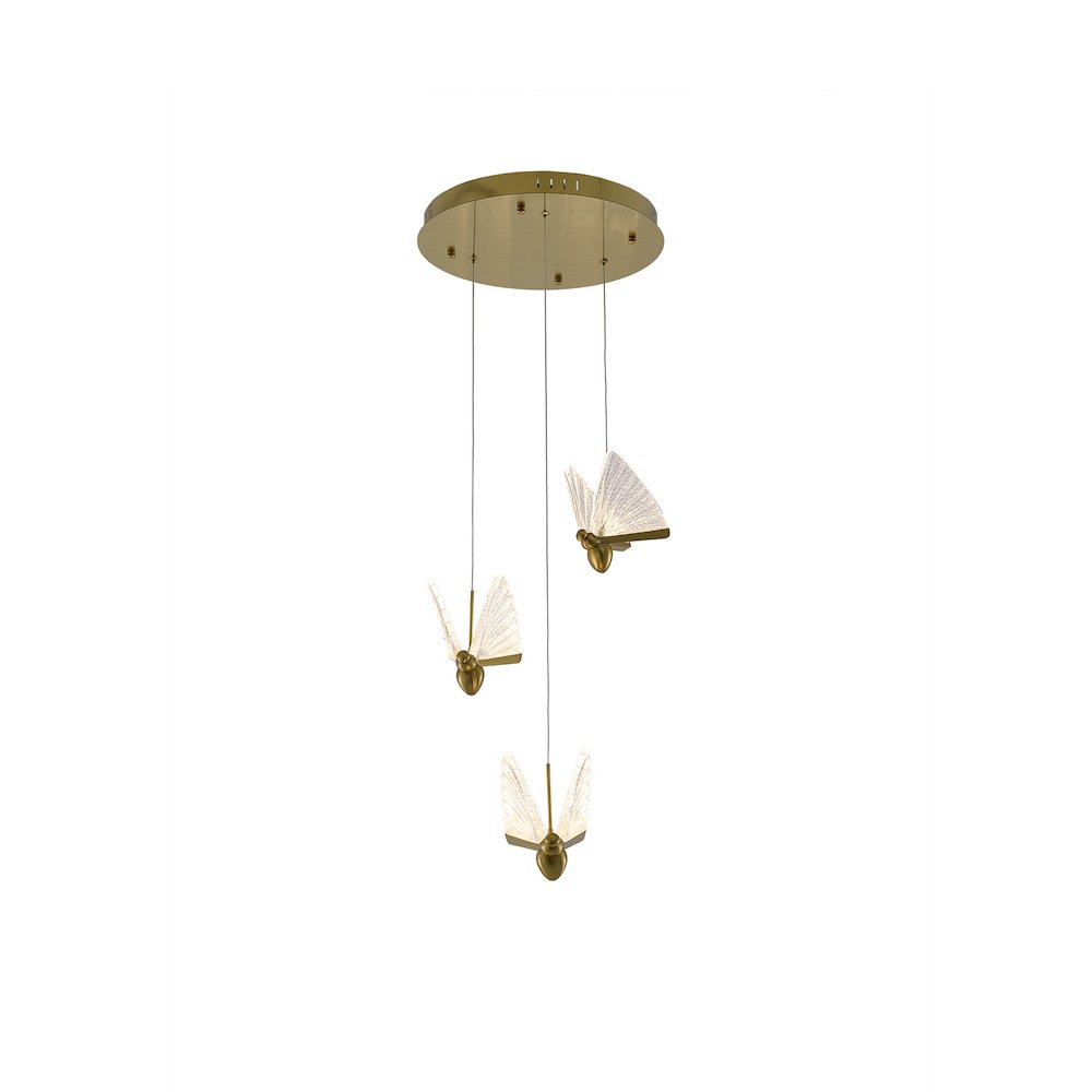 3-Light Stain Brass LED Chandelier With Butterfly Pendants