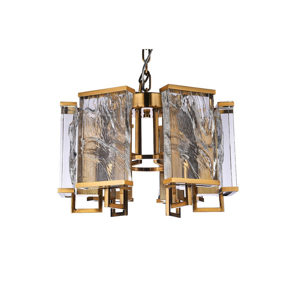 6-Light Brass Metal Chandelier With Clear Crystal Plaques