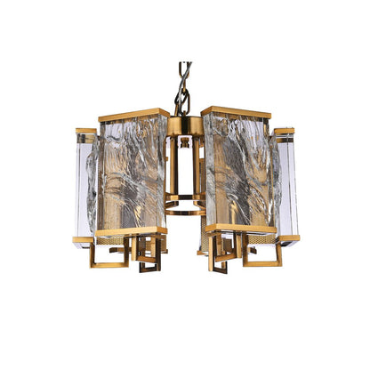 6-Light Brass Metal Chandelier With Clear Crystal Plaques