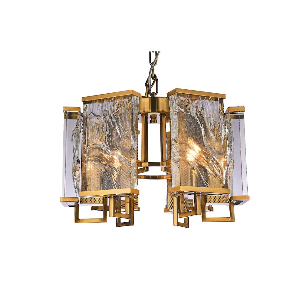 6-Light Brass Metal Chandelier With Clear Crystal Plaques