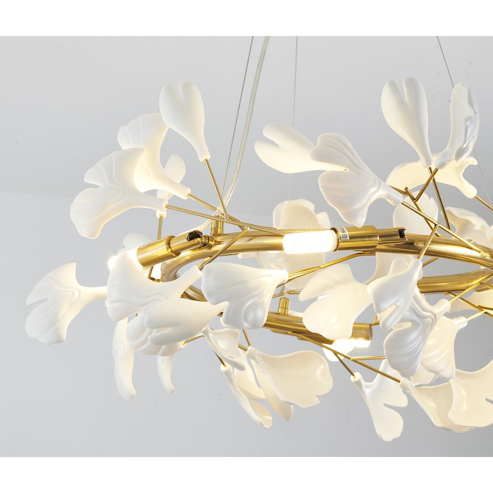 6-Light Brass Chandelier With Matte White Plastic Leaf Petals in a round shape