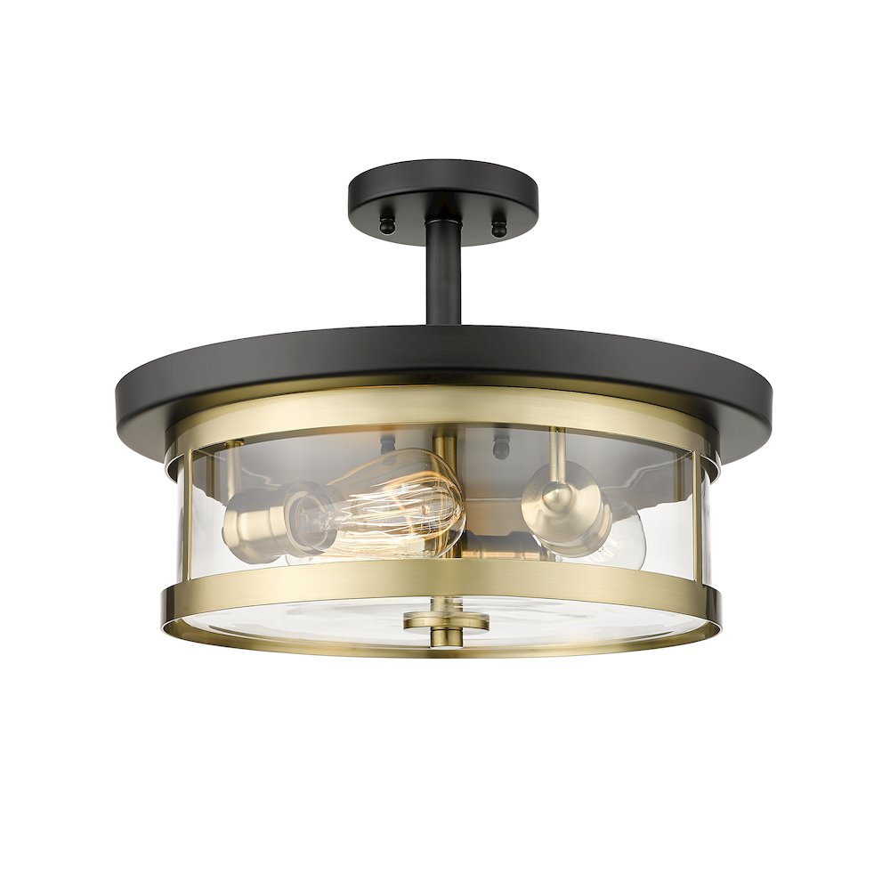 3-Light Black And Gold Flush Mount With A Clear Glass Shade